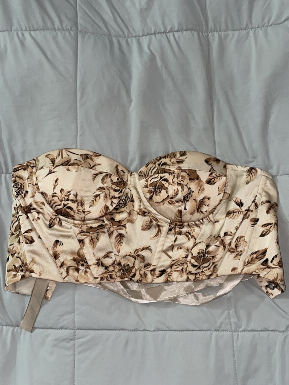 SHEIN Cream and Brown Floral Strapless Bustier Top